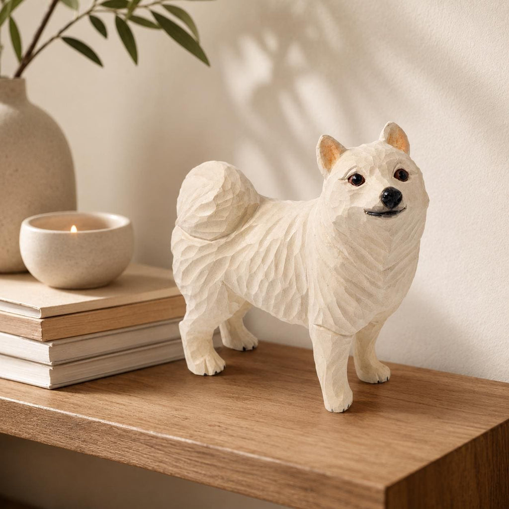 Handcarved White Spitz Dog Figurine Wooden Puppy Statue Rustic Shelf Decor Pet Memorial Gift Carved Samoyed Sculpture Dog Lover Present
