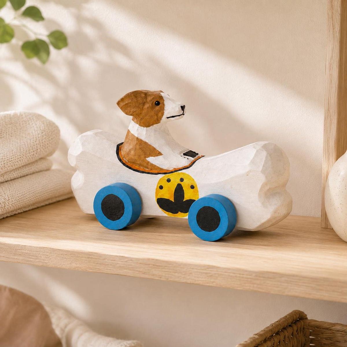 Whimsical Wooden Dog in Bone Car, Hand Carved Animal Figurine, Rustic Nursery Decor, Wood Craft Art, Unique Gift for Dog Lover