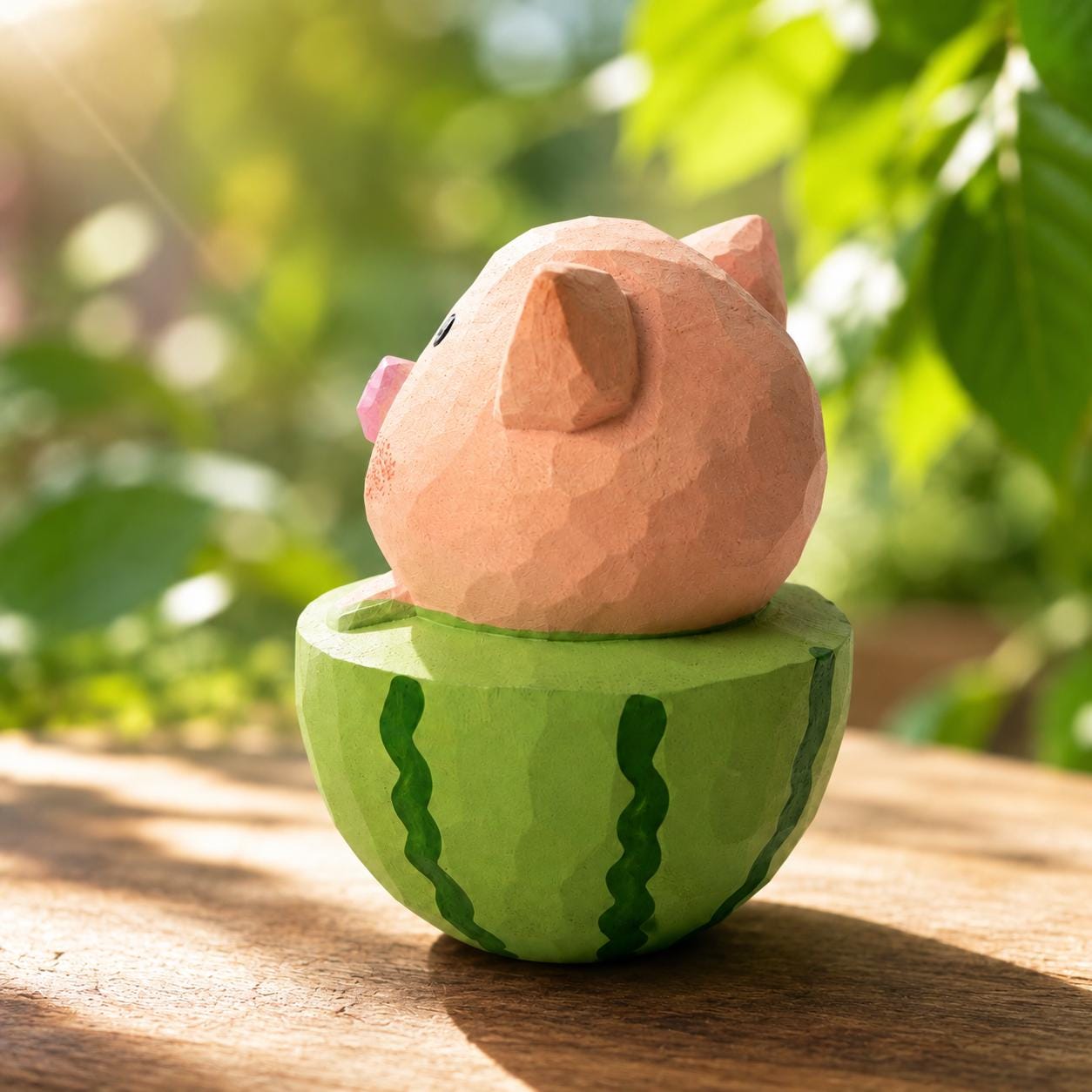 Whimsical Wooden Pig in Watermelon Figurine Hand Carved Miniature Desk Decor Cute Summer Gift for Pig Lovers