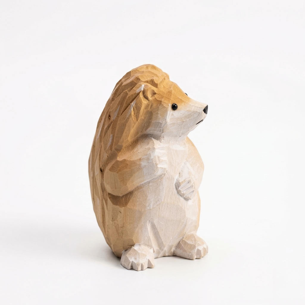 Hand Carved Wooden Hedgehog Figurine, Grumpy Woodland Animal Decor, Whimsical Desk Pet, Rustic Shelf Sitter, Unique Gift for Nature Lover