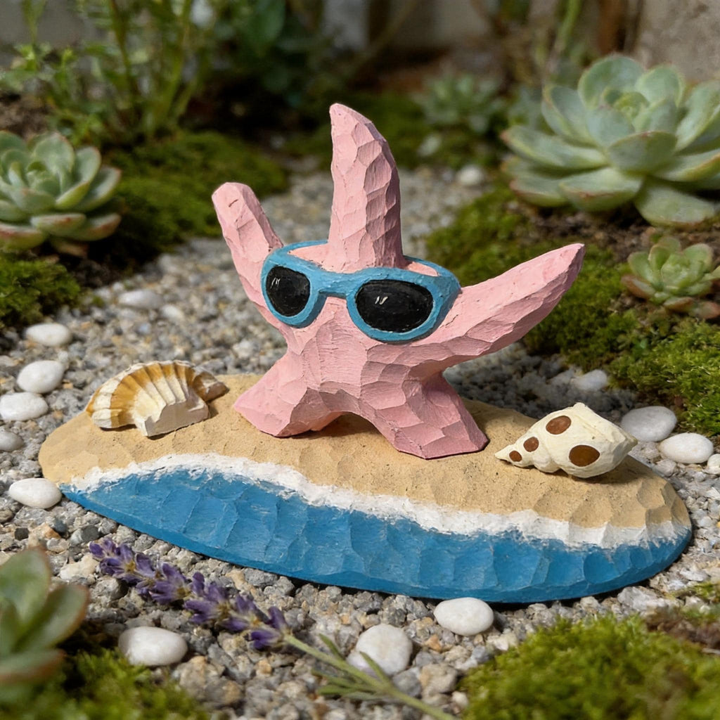 Whimsical Pink Starfish Wood Carving, Beach House Decor, Sunglasses Starfish Figurine, Coastal Shelf Decor, Unique Summer Lover Gift