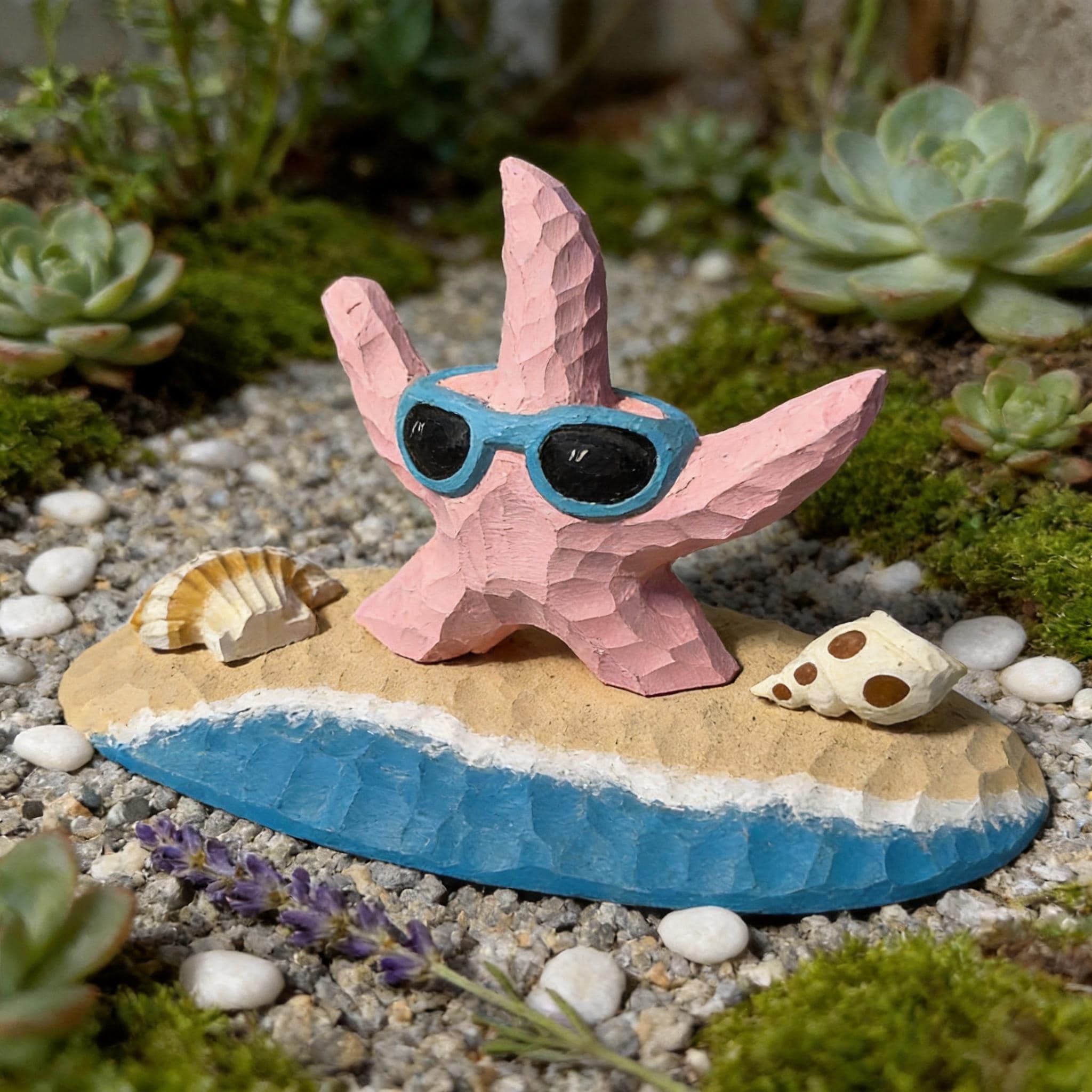 Whimsical Pink Starfish Wood Carving, Beach House Decor, Sunglasses Starfish Figurine, Coastal Shelf Decor, Unique Summer Lover Gift