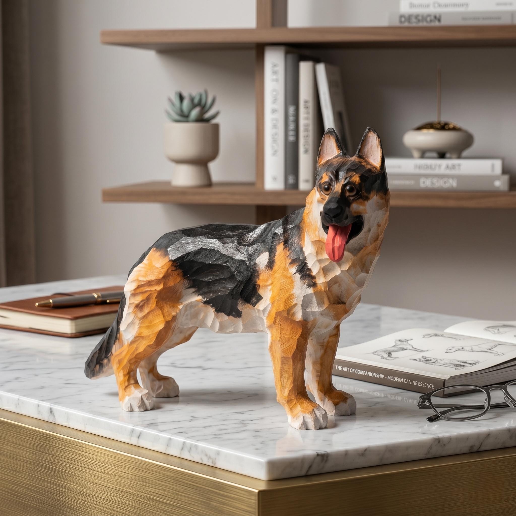 Loyal Hand Carved Wooden German Shepherd Figurine, Rustic Dog Sculpture Pet Memorial Art, Unique Gift for Dog Lover