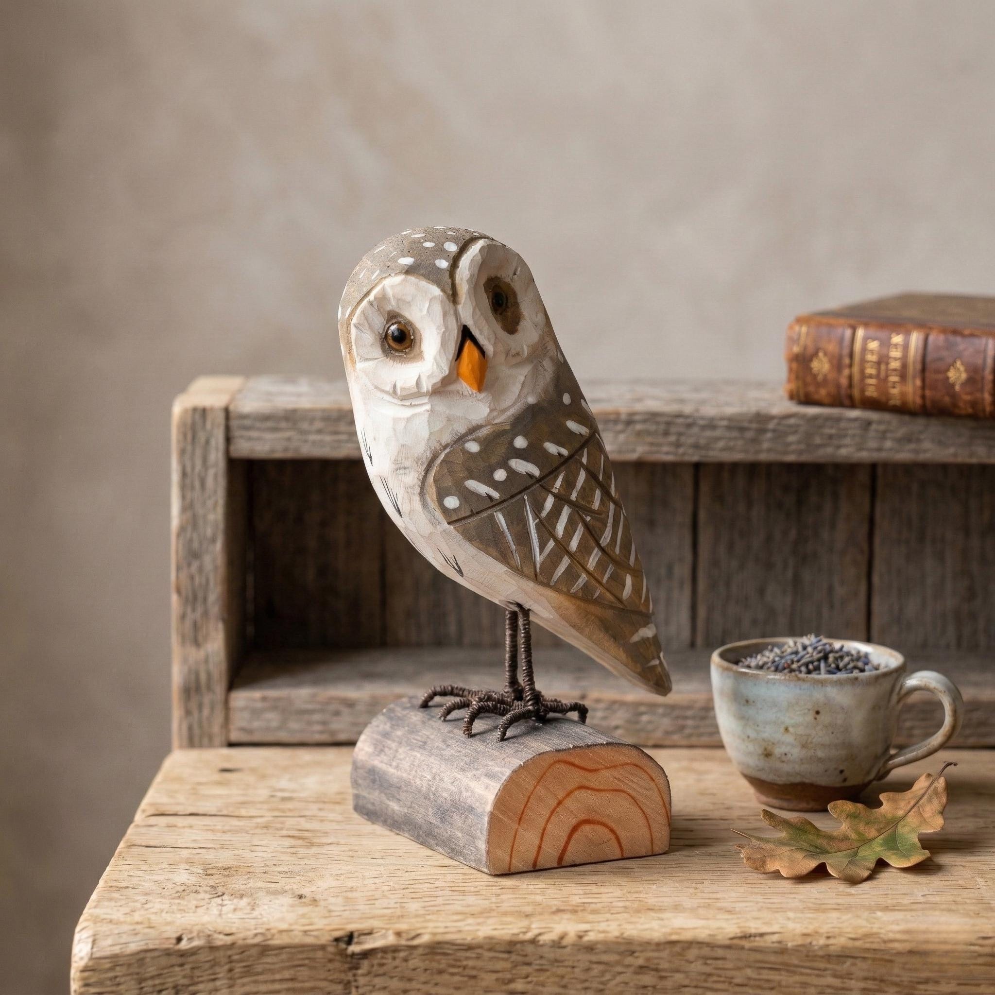 Hand-Carved Wooden Owl Figurine | Rustic Log Woodland Bird Shelf Decor