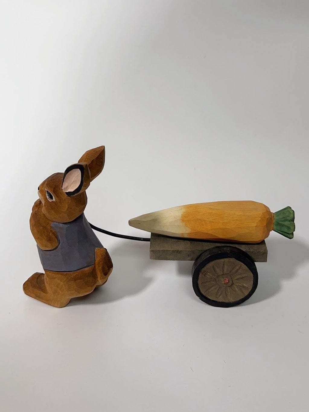 Handmade Wooden Rabbit Figurine, Bunny Pulling Wagon, Easter Decor, Gardener Gift, Spring Animal Art