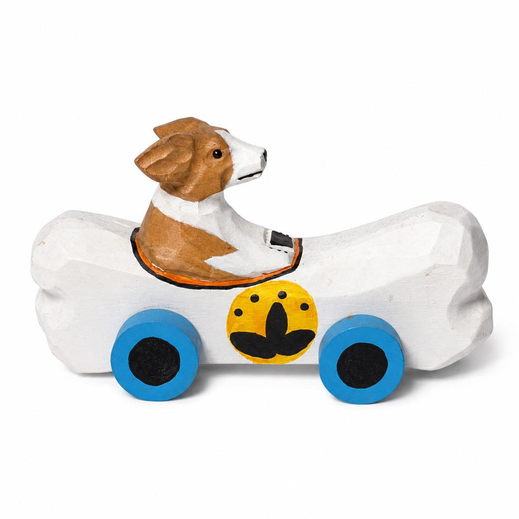Whimsical Wooden Dog in Bone Car, Hand Carved Animal Figurine, Rustic Nursery Decor, Wood Craft Art, Unique Gift for Dog Lover
