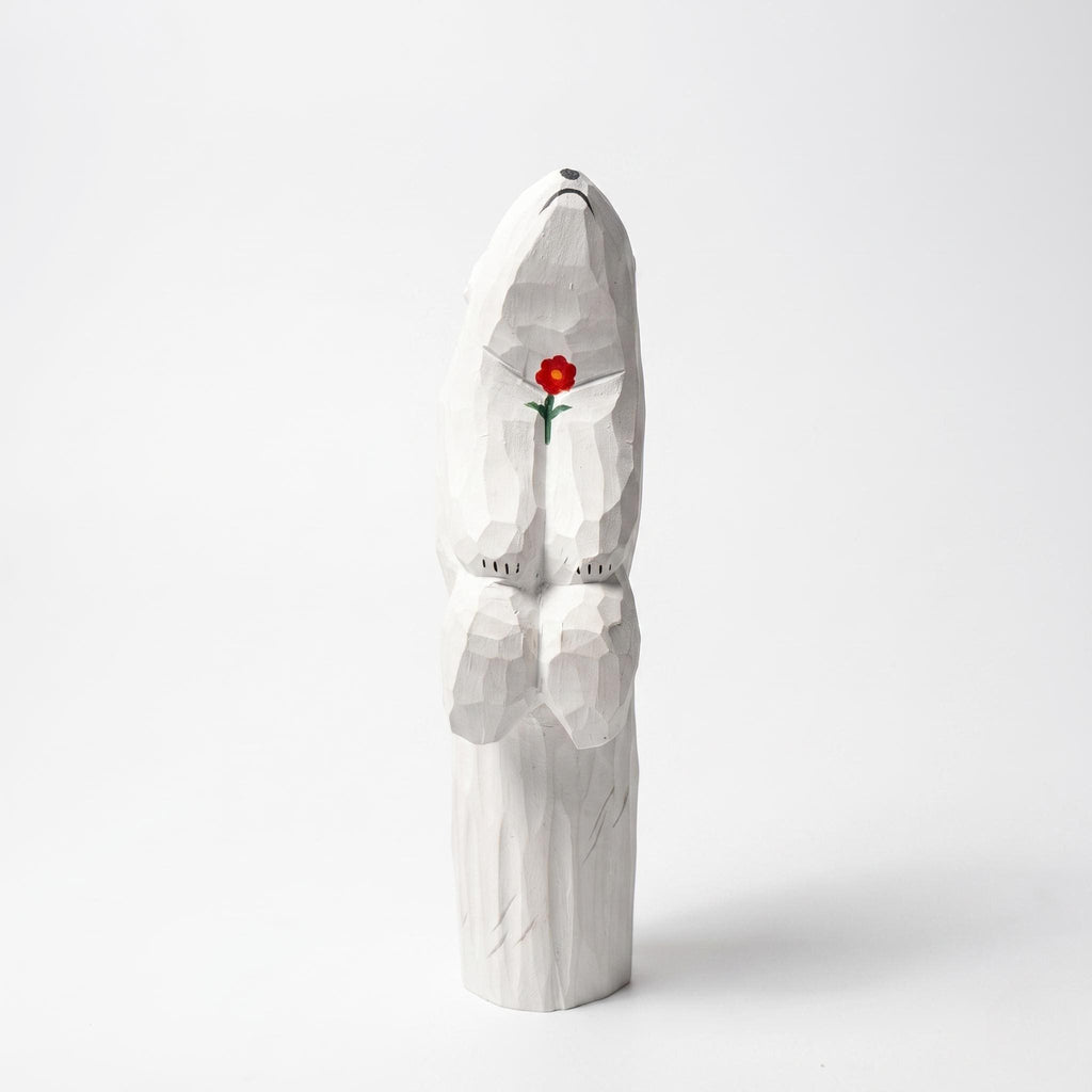 Whimsical Wooden Polar Bear Figurine Hand Carved Animal Statue With Red Flower Romantic Anniversary Gift For Nature Lovers