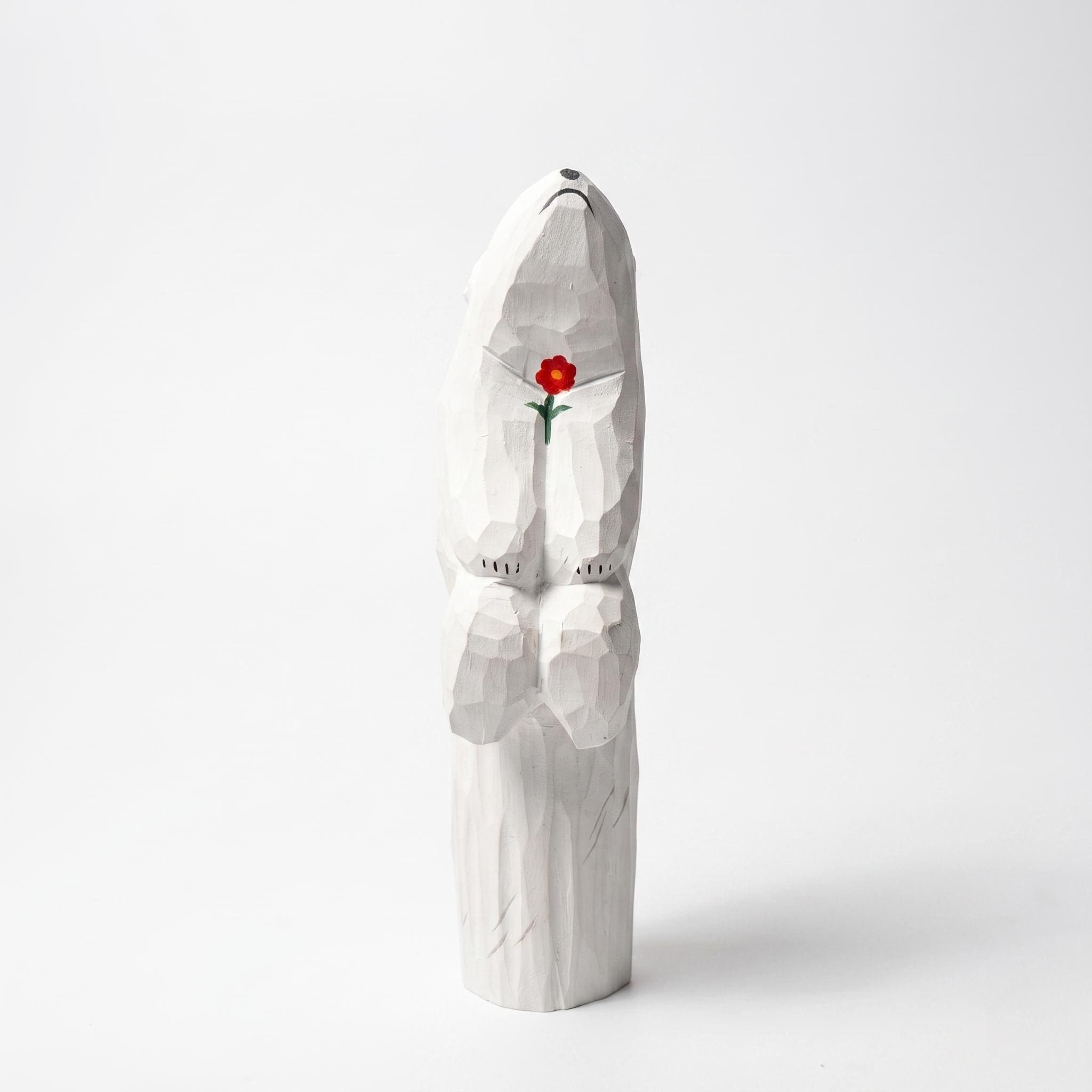 Whimsical Wooden Polar Bear Figurine Hand Carved Animal Statue With Red Flower Romantic Anniversary Gift For Nature Lovers