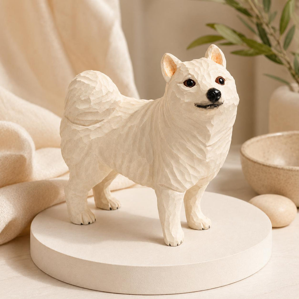 Handcarved White Spitz Dog Figurine Wooden Puppy Statue Rustic Shelf Decor Pet Memorial Gift Carved Samoyed Sculpture Dog Lover Present