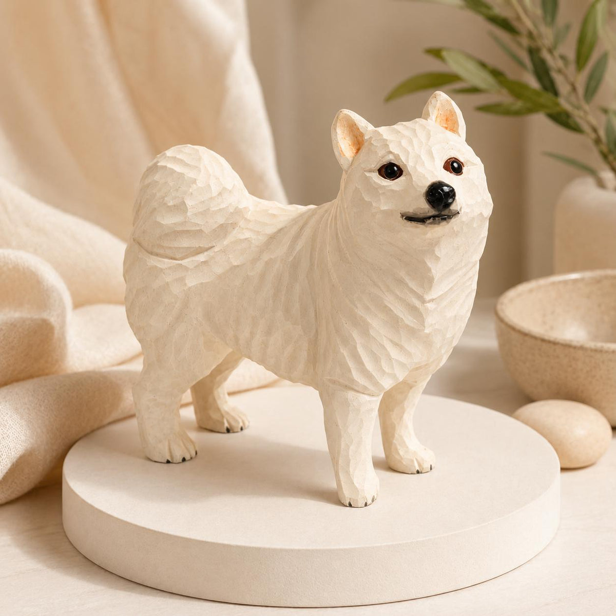 Handcarved White Spitz Dog Figurine Wooden Puppy Statue Rustic Shelf Decor Pet Memorial Gift Carved Samoyed Sculpture Dog Lover Present