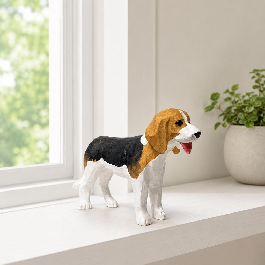Hand-Carved Wooden Beagle Figurine | Tricolor Hound Dog Sculpture | Whimsical Pet Desk Decor | Dog Mom Gift Idea