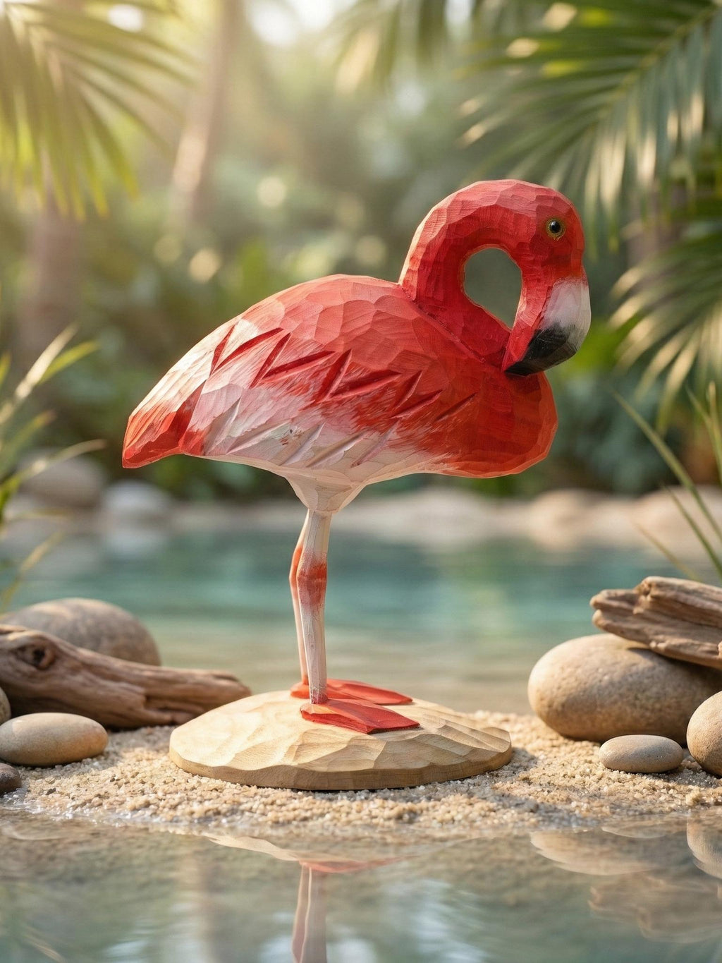 Wooden Flamingo Statue, Tropical Beach House Decor,  Gift for Bird Watchers, Rainforest Themed Decor