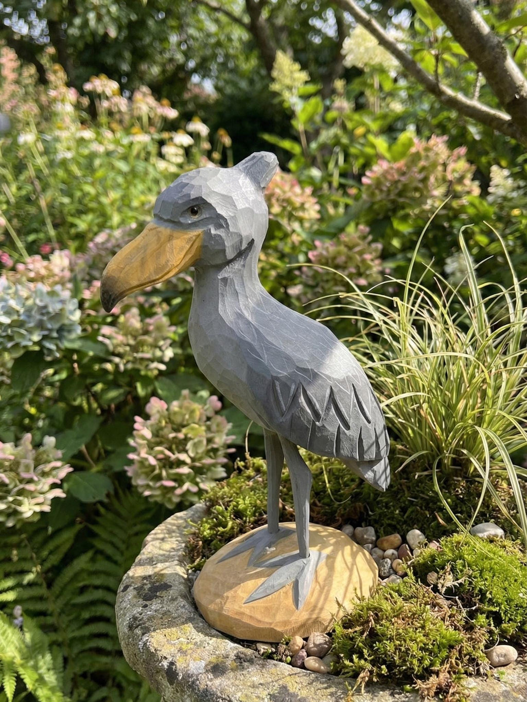 Hand Carved Wooden Shoebill Stork Statue, Rustic Bird Decor