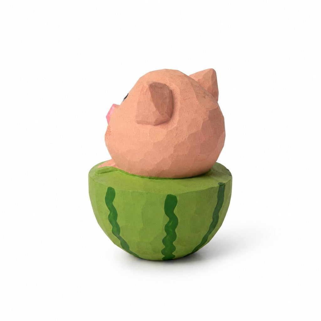 Whimsical Wooden Pig in Watermelon Figurine Hand Carved Miniature Desk Decor Cute Summer Gift for Pig Lovers