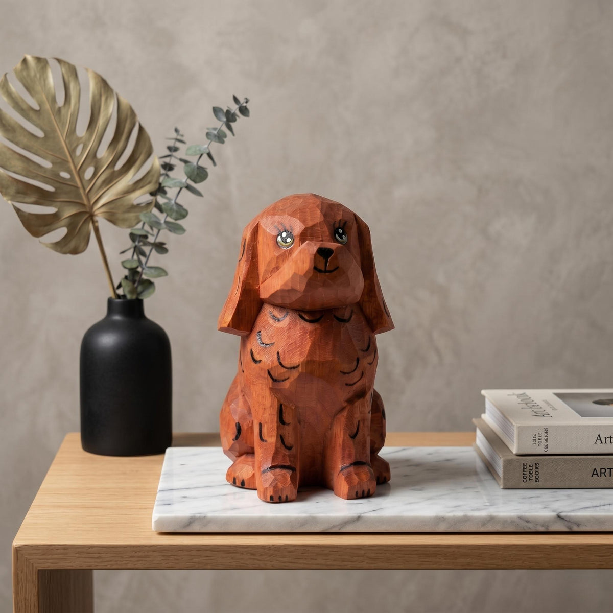 Whimsical Wooden Puppy Figurine – Hand Carved Spaniel Dog Statue – Rustic Shelf Decor & Pet Lover Gift Idea