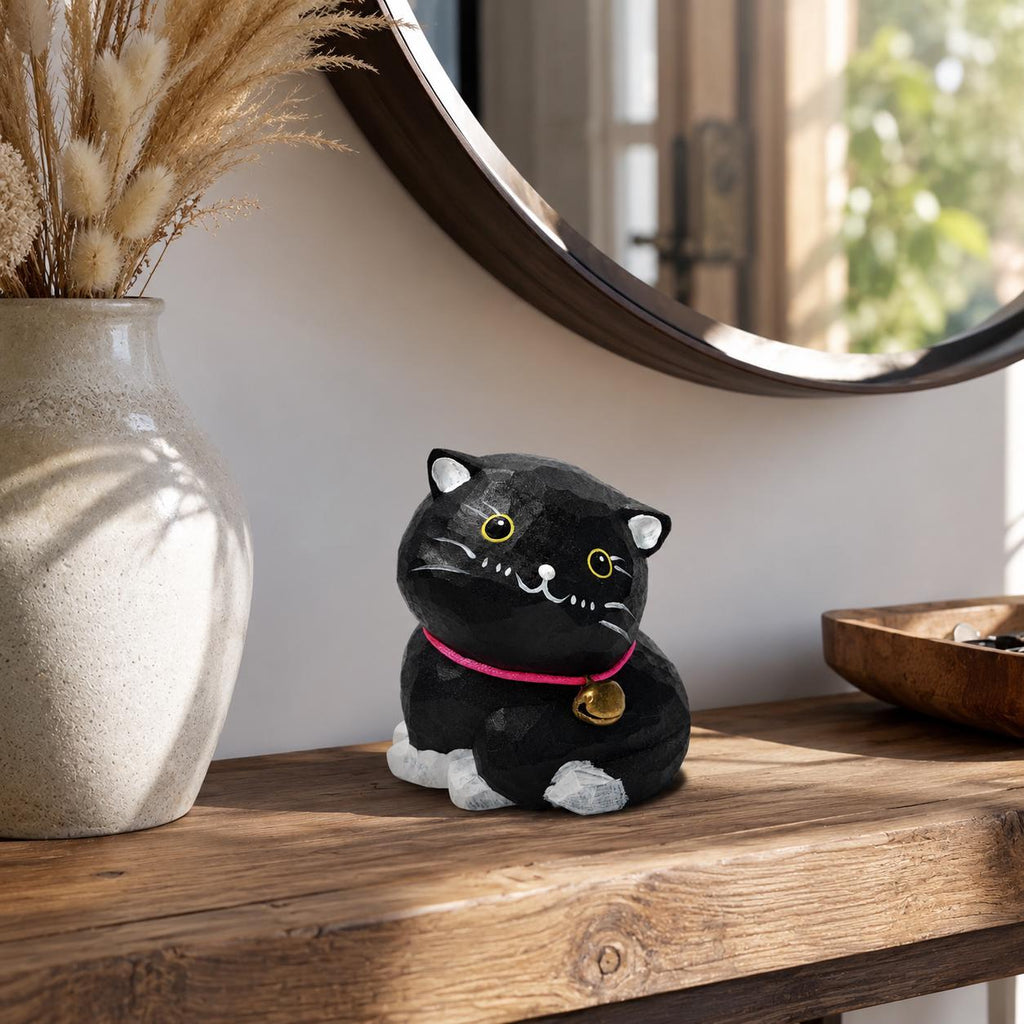 Whimsical Black Cat Wood Carving, Wooden Tuxedo Kitten Figurine, Hand Carved Pet Decor, Cute Desk Pet, Cat Lover Gift Idea