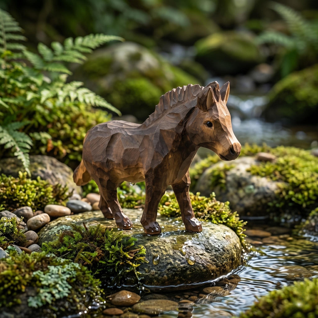 Charming Hand Carved Wooden Foal Figure | Rustic Horse Statuette & Farmhouse Shelf Decor | Sweet Animal Lover Gift for Nursery