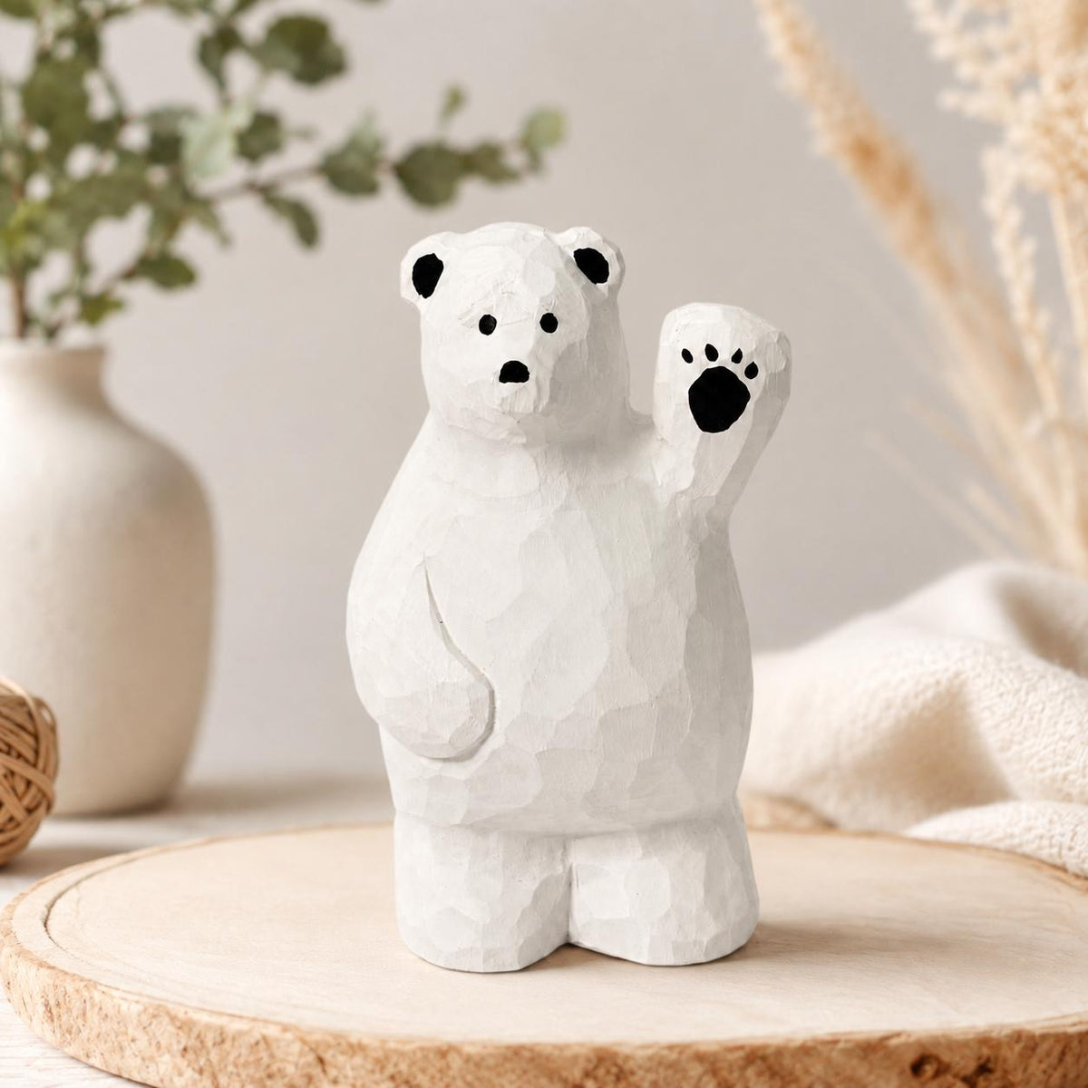 Friendly Waving Polar Bear Wood Carving, Handmade Arctic Animal Figurine, Whimsical Desk Pet, Winter Nursery Decor, Cute Wood Gift for Kids