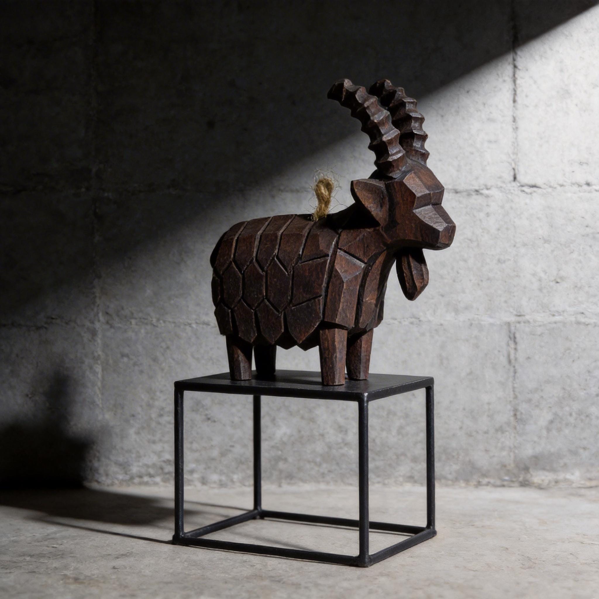 Rustic Geometric Wood Goat Figurine | Hand Carved Mountain Ibex Statue | Farmhouse Shelf Decor | Unique Wooden Animal Lover Gift