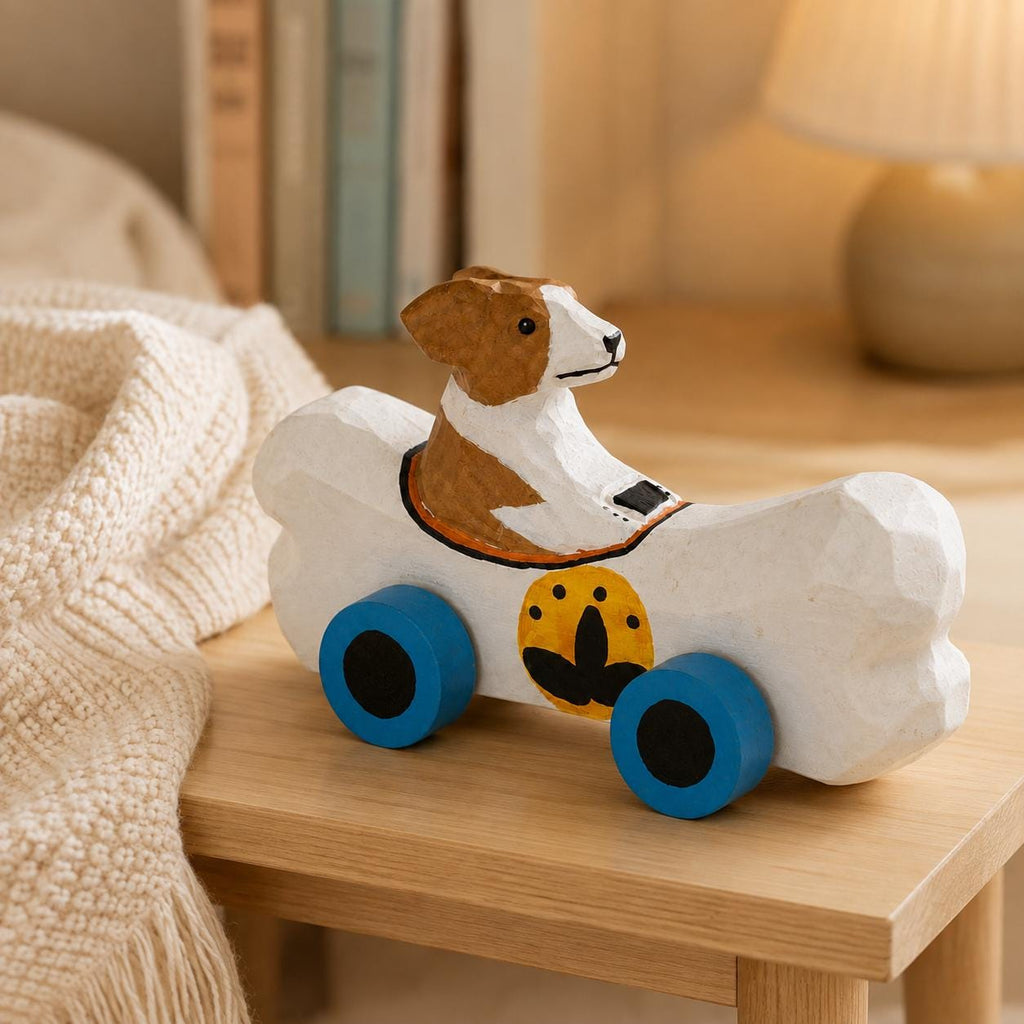 Whimsical Wooden Dog in Bone Car, Hand Carved Animal Figurine, Rustic Nursery Decor, Wood Craft Art, Unique Gift for Dog Lover