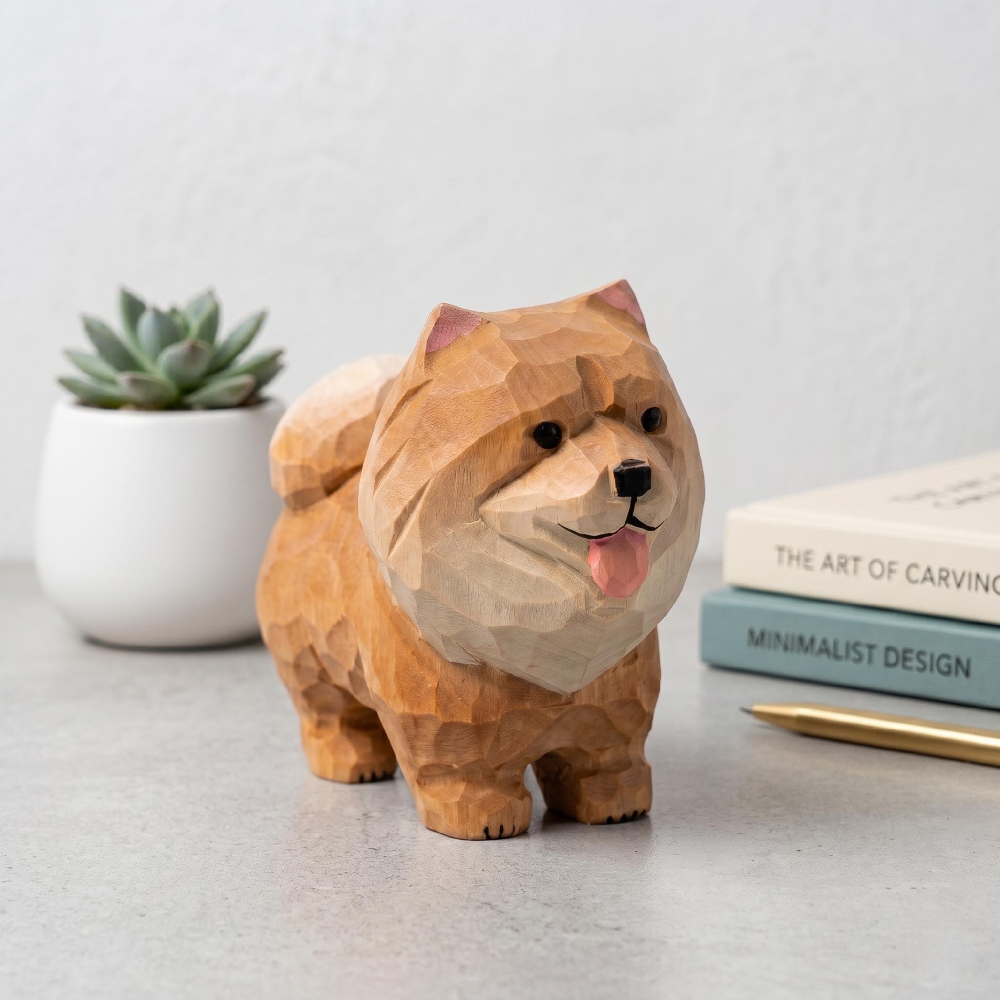 Hand Carved Wooden Pomeranian Figurine, Fluffy Dog Desktop Decor, Rustic Animal Art Sculpture, Pet Memorial Gift for Dog Lover