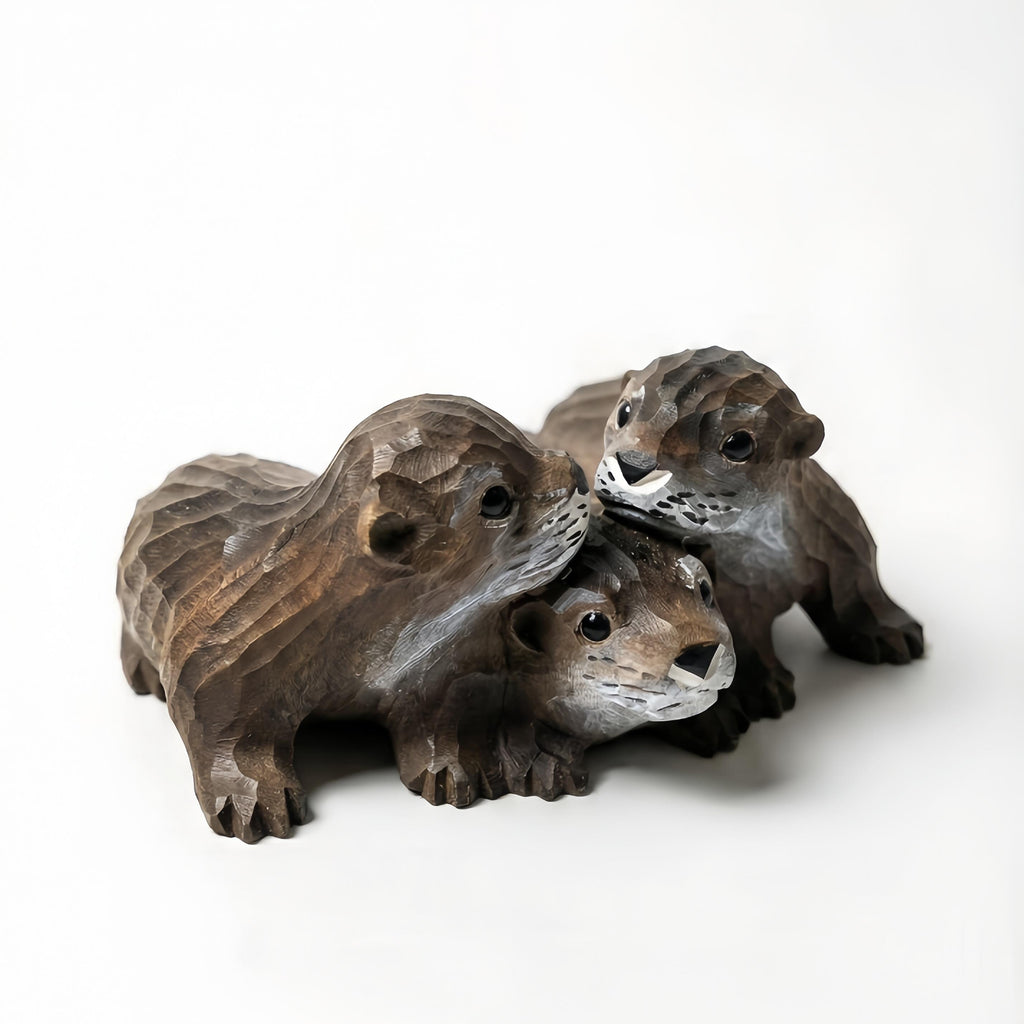 Handmade Wood Otter Trio Figurine, Garden Statue & Planter Decor,  Outdoor Porch Ornament, Friendship Gift