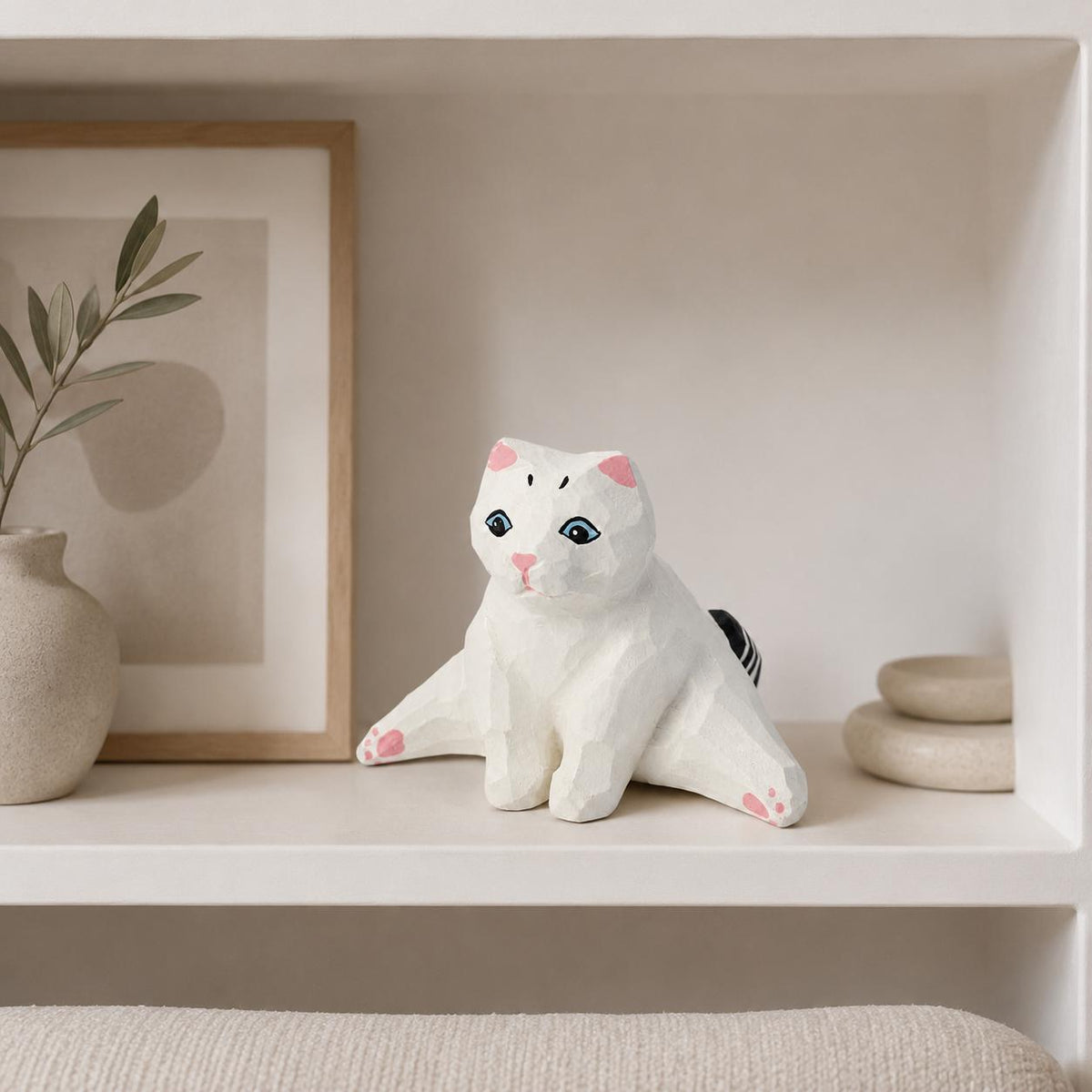 Whimsical White Cat Wood Carving Funny Sploot Kitty Figurine Cat Lover Gift