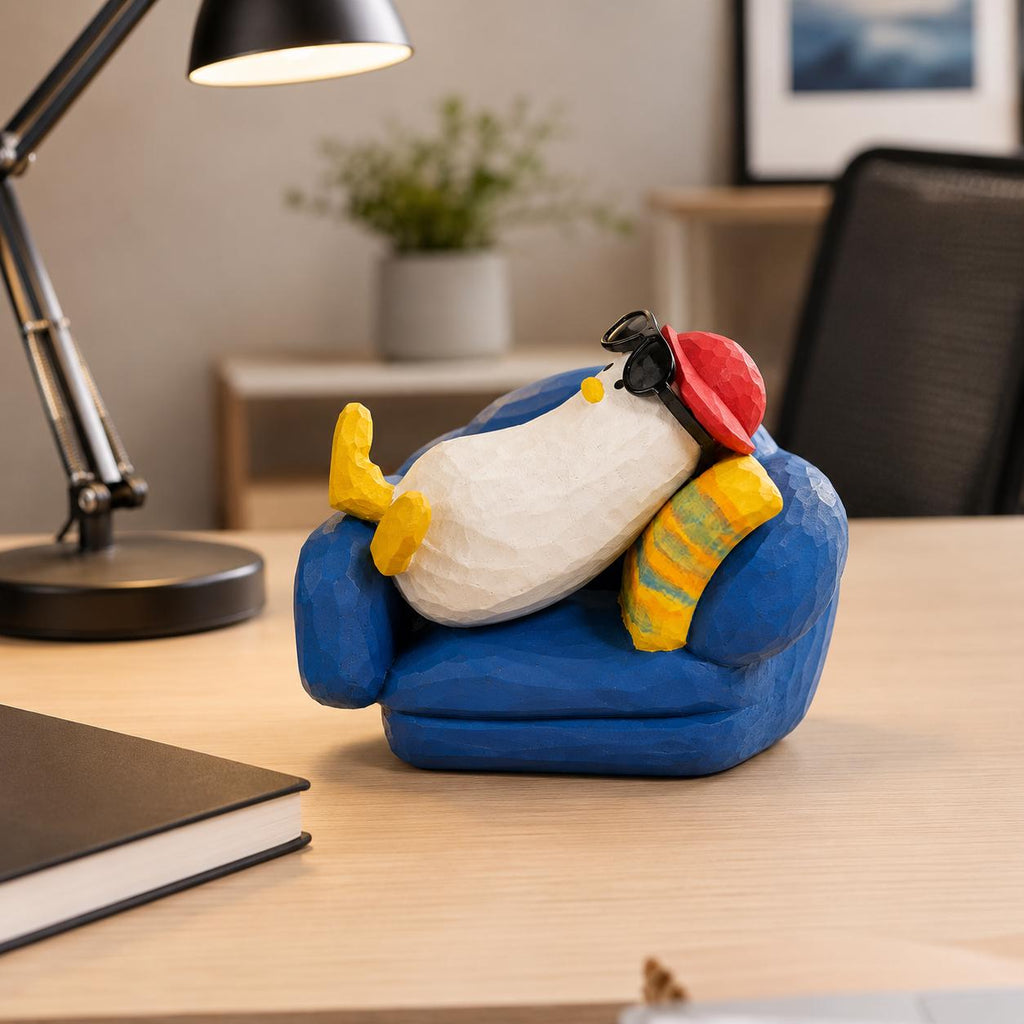 Funny Wooden Duck in Armchair Figurine, Hand Carved Chill Bird Decor, Whimsical Desk Accessory, Unique Gift for Coworker or Friend