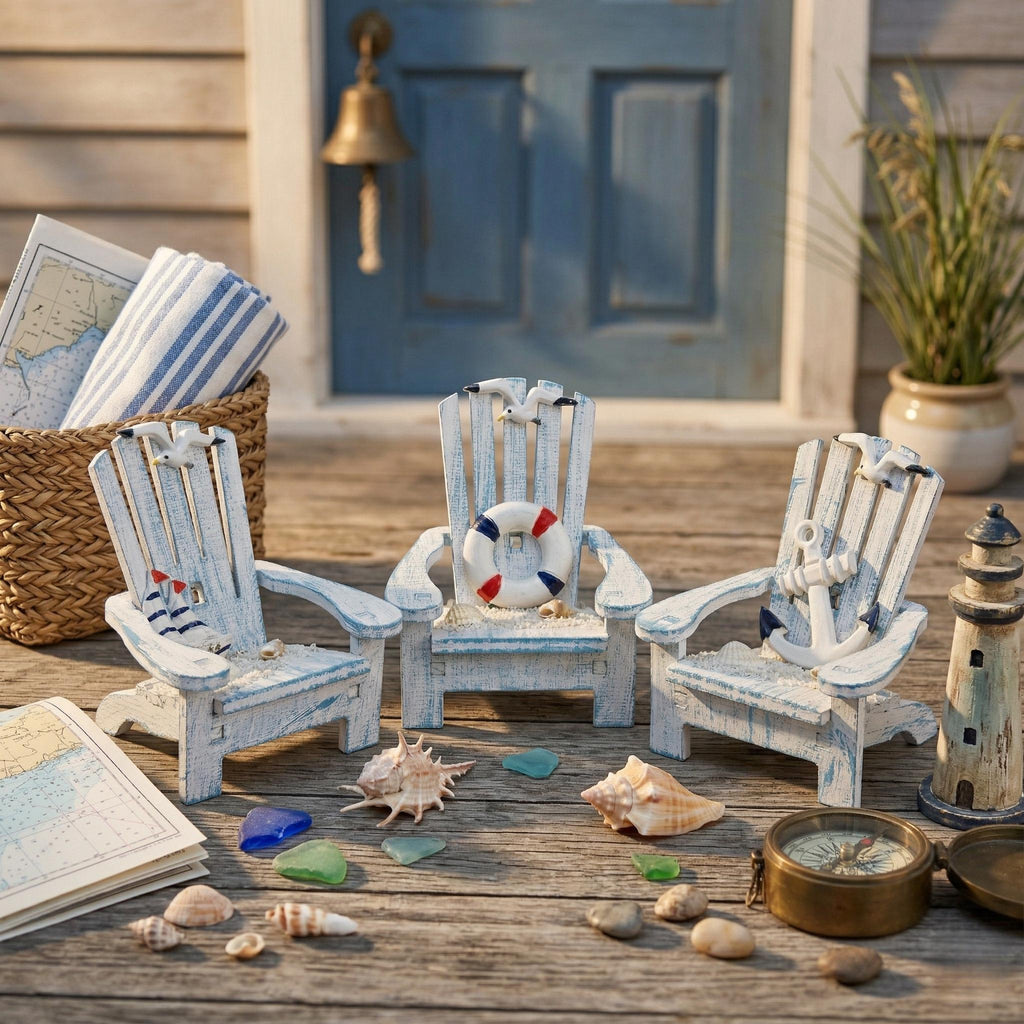 Coastal Blue Miniature Adirondack Chair Set of 3 Beach Theme Wooden Decor Nautical Shelf Sitter Summer Vacation Housewarming Gift