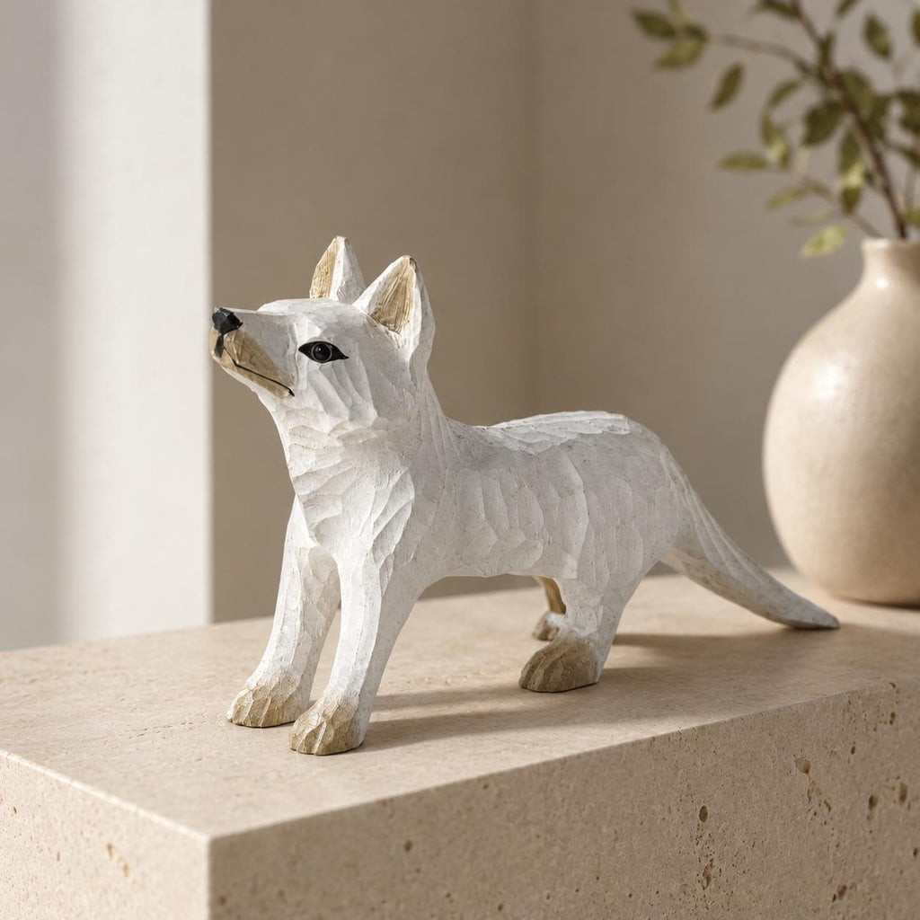 Whimsical White Arctic Fox Hand Carved Wood Figurine Woodland Animal Nursery Decor Rustic Desk Accessory Unique Gift for Nature Lover