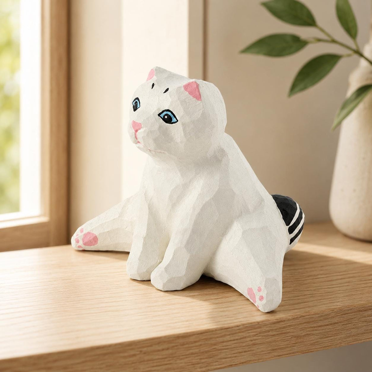 Whimsical White Cat Wood Carving Funny Sploot Kitty Figurine Cat Lover Gift