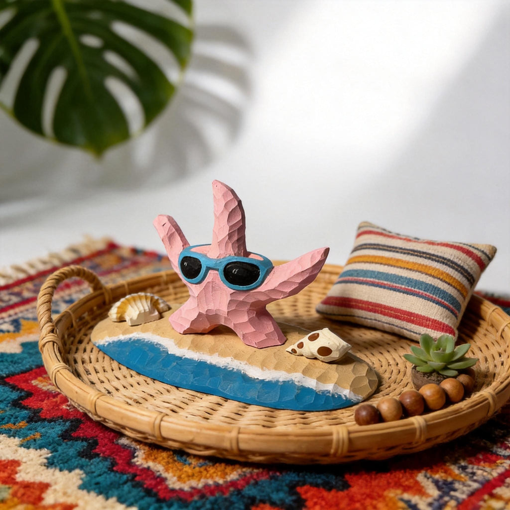 Whimsical Pink Starfish Wood Carving, Beach House Decor, Sunglasses Starfish Figurine, Coastal Shelf Decor, Unique Summer Lover Gift
