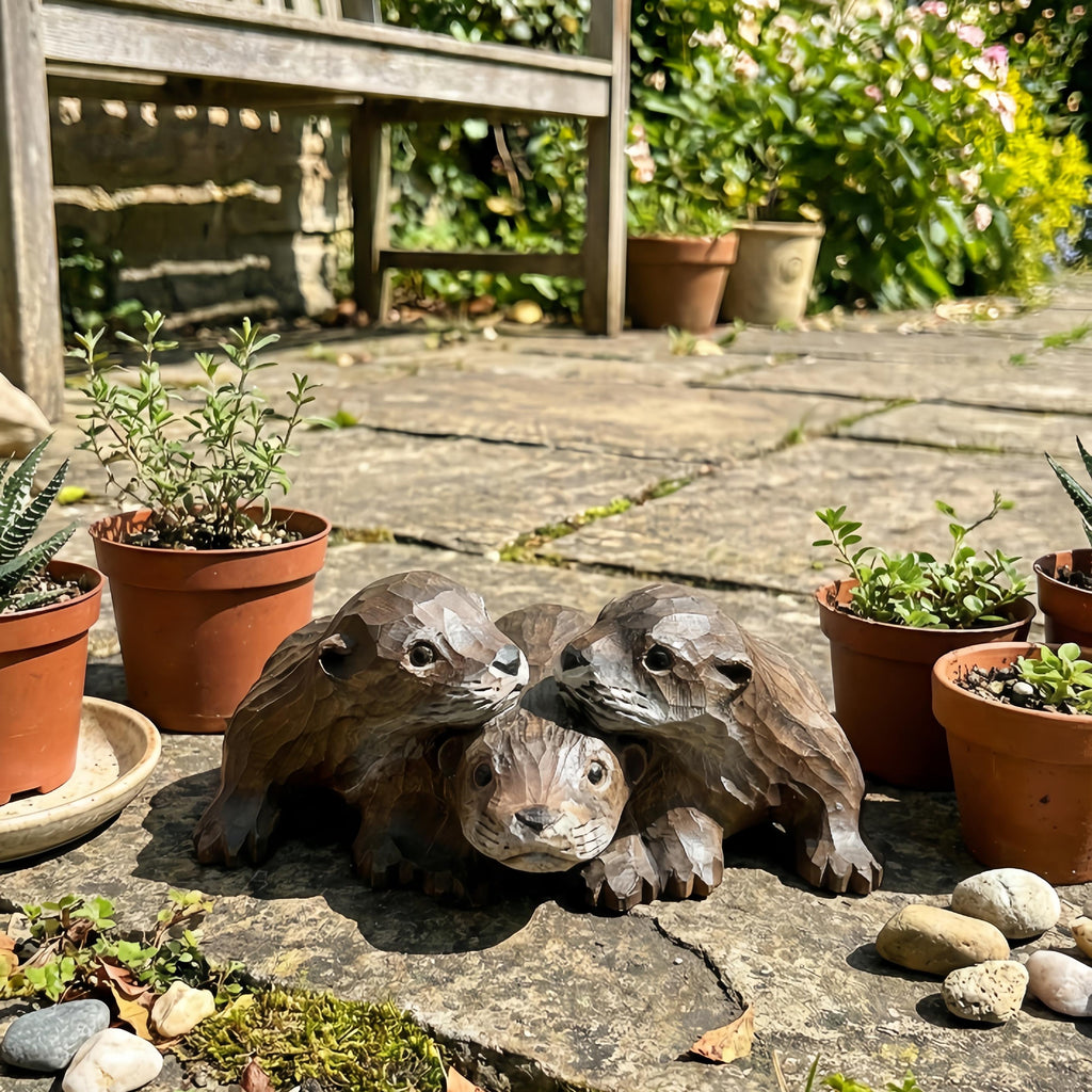 Handmade Wood Otter Trio Figurine, Garden Statue & Planter Decor,  Outdoor Porch Ornament, Friendship Gift