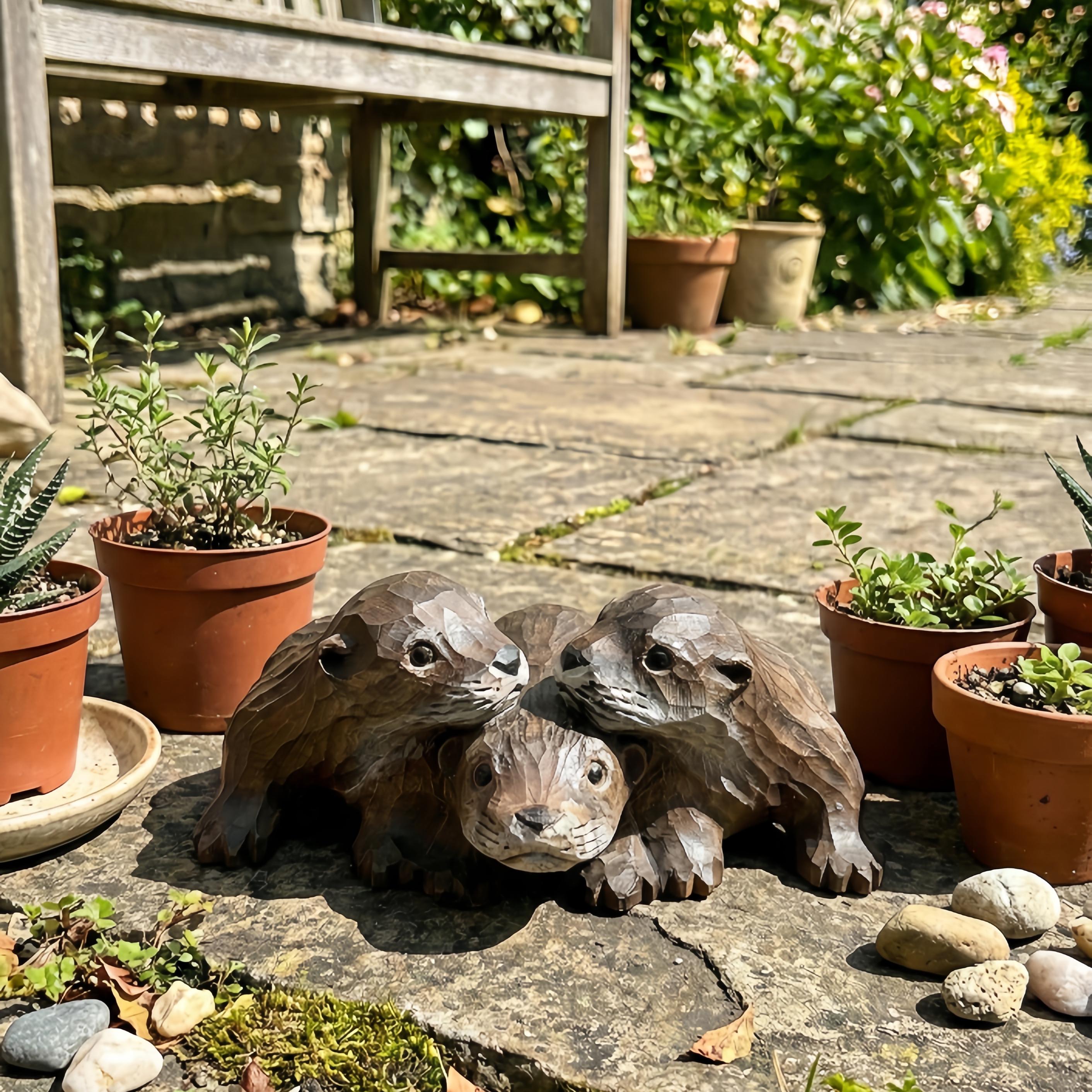 Handmade Wood Otter Trio Figurine, Garden Statue & Planter Decor,  Outdoor Porch Ornament, Friendship Gift