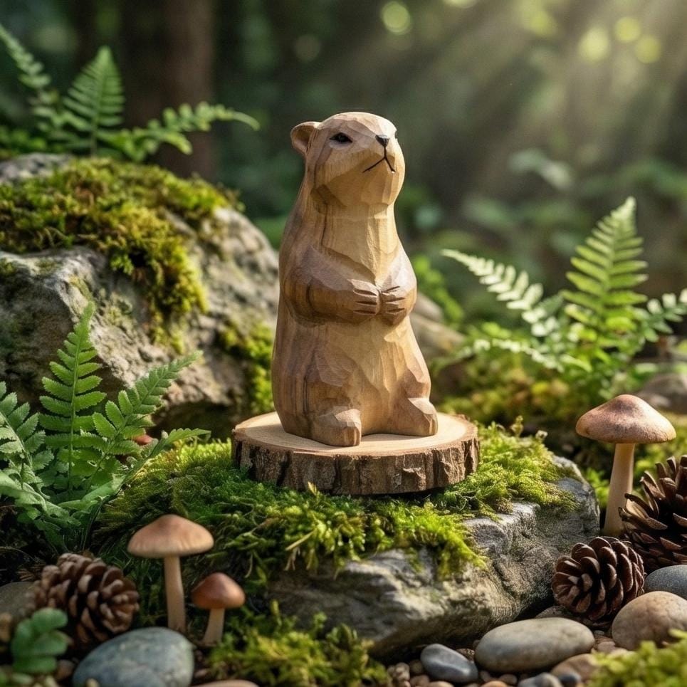 Handmade Wooden Groundhog Figurine, Marmot Statue, Rustic Woodland Decor, Whimsical Prairie Art, Cabin Ornament