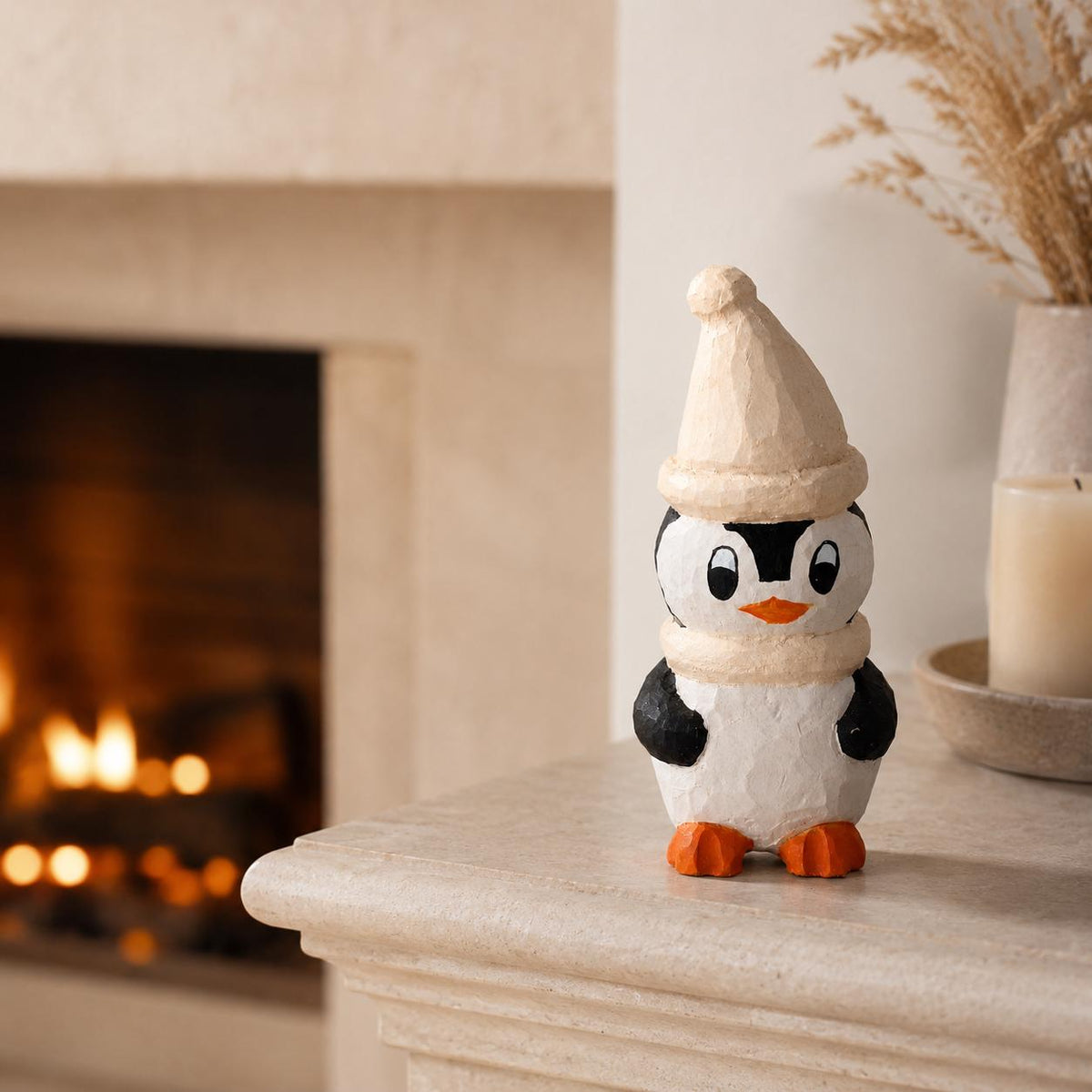 Cozy Hand Carved Wood Penguin Figurine Rustic Winter Animal Decor Wooden Woodland Art Cute Christmas Nursery Gift for Kids