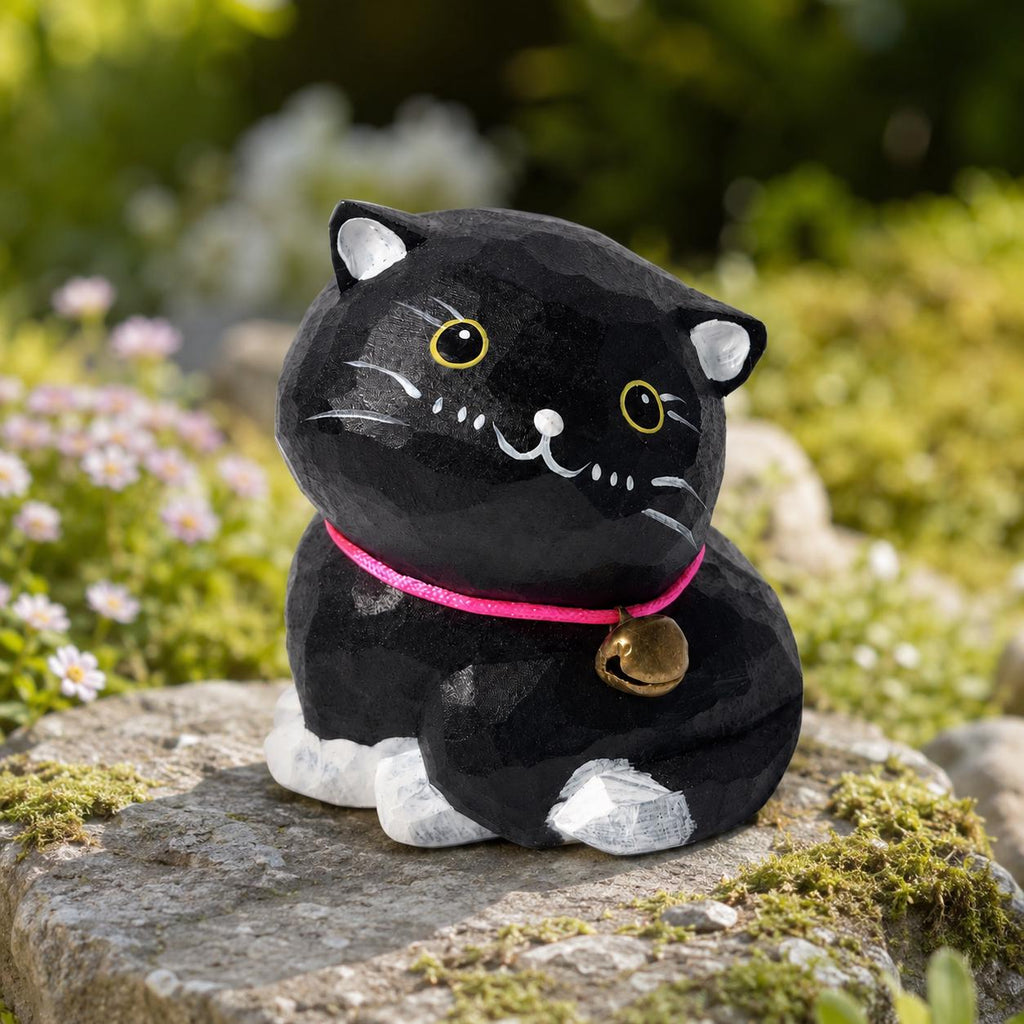 Whimsical Black Cat Wood Carving, Wooden Tuxedo Kitten Figurine, Hand Carved Pet Decor, Cute Desk Pet, Cat Lover Gift Idea