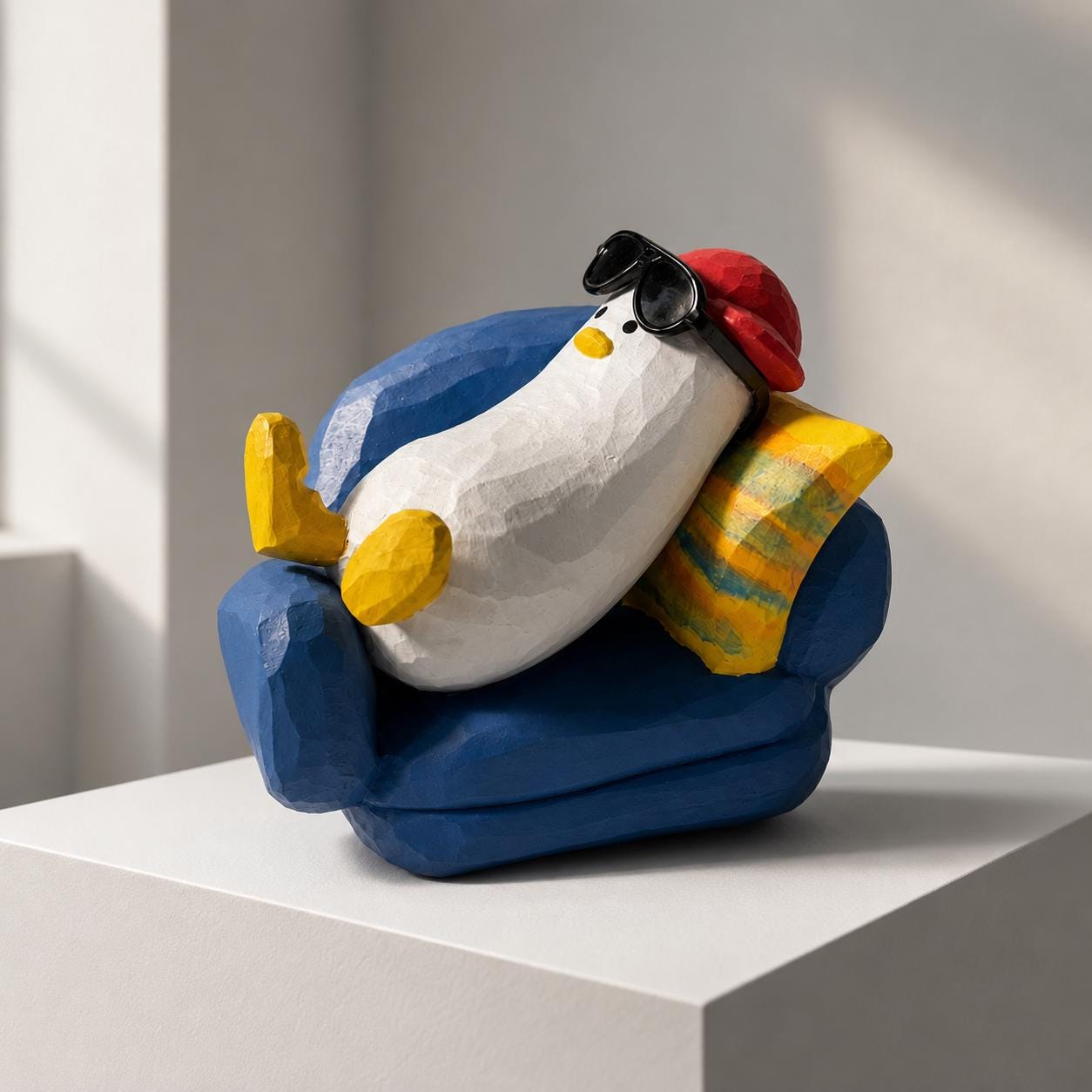 Funny Wooden Duck in Armchair Figurine, Hand Carved Chill Bird Decor, Whimsical Desk Accessory, Unique Gift for Coworker or Friend