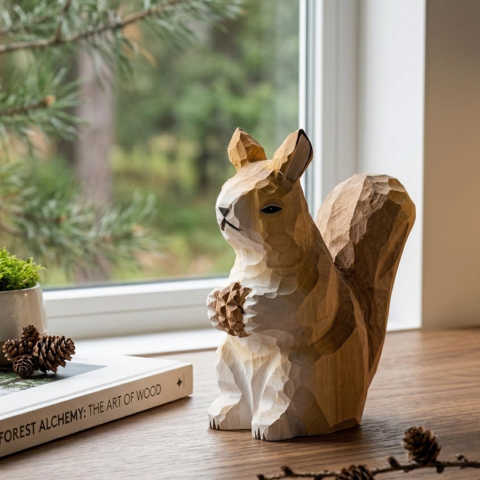 Whimsical Hand Carved Wooden Squirrel Figurine, Rustic Woodland Nursery Decor, Woodland Animal Statue, Unique Nature Lover Gift Idea