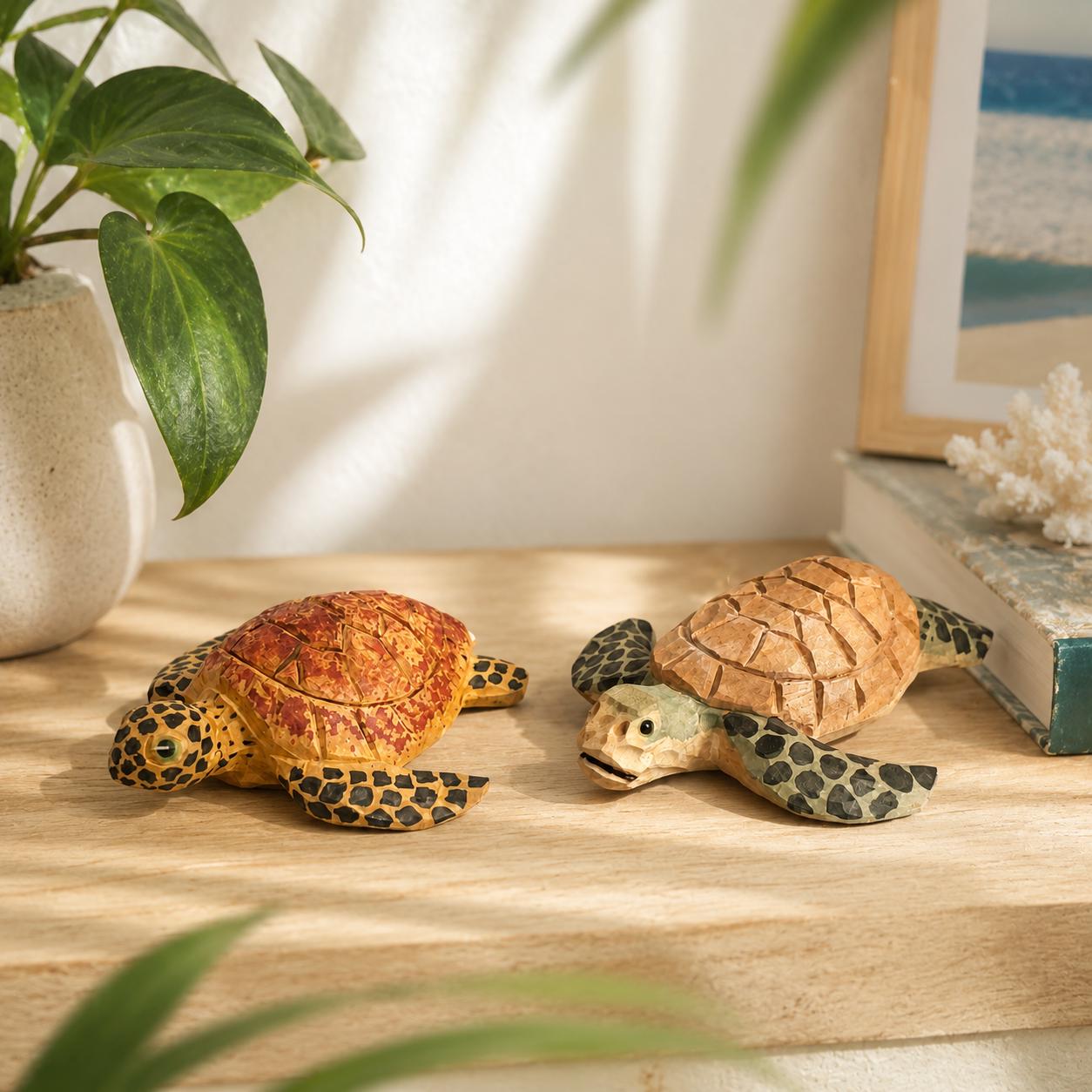 Whimsical Sea Turtle Wood Carving, Coastal Decor Animal Figurine, Ocean Lover Decor, Nautical Wooden Statue, Unique Beach Gift for Her