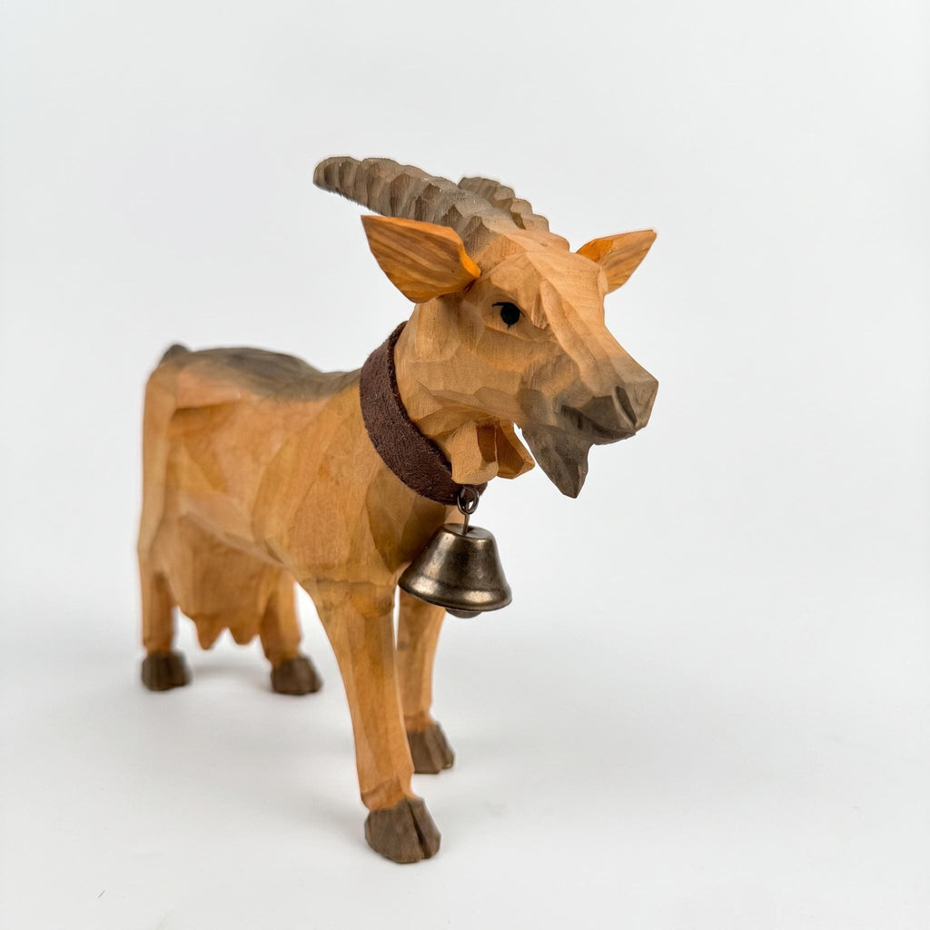 Whimsical Wooden Goat Carving with Bell Rustic Farmhouse Animal Decor Alpine Figurine Unique Birthday Gift