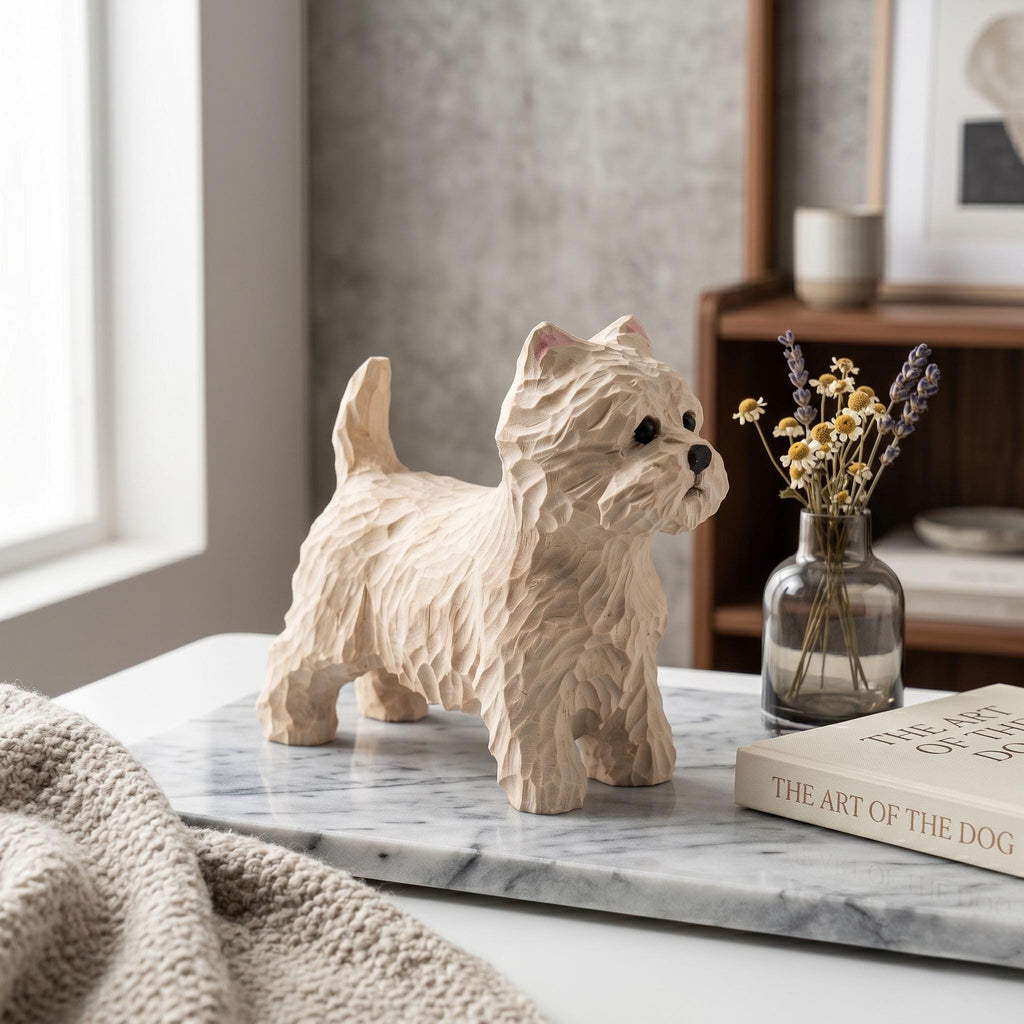 Hand Carved Wooden Westie Figurine, Rustic White Terrier Dog Sculpture, Folk Art Pet Memorial Gift for Dog Lovers, Desk Decor