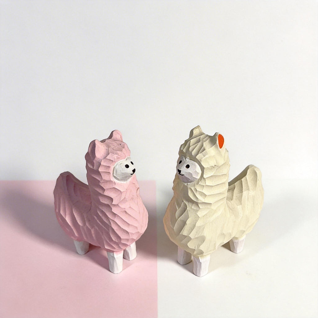 Whimsical Wooden Alpaca Couple Hand Carved Llama Figurines Pastel Nursery Decor Unique Animal Lover Gift Desk Pet Wood Anniversary Present