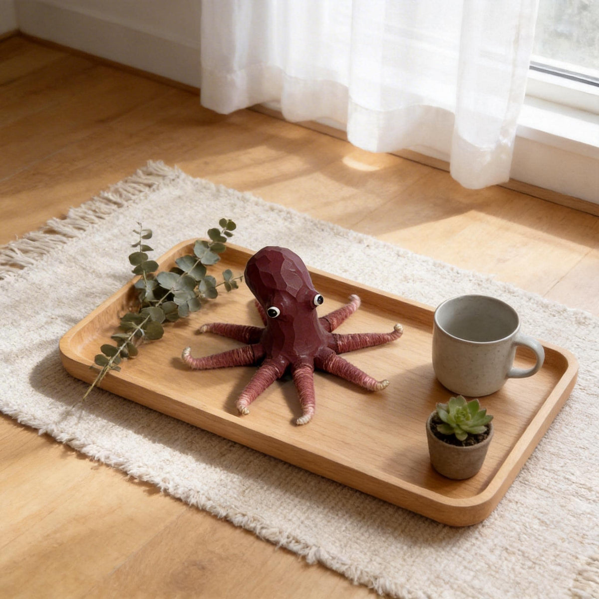 Whimsical Carved Wooden Octopus Figurine, Coastal Yarn Tentacle Sea Creature Decor, Quirky Nautical Desk Accessory, Ocean Lover Gift Idea