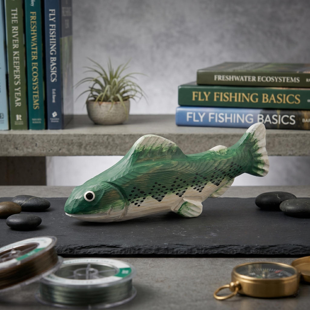 Rustic Hand Carved Wooden Trout Figurine, Green Fish Decor, River Cabin Art, Fly Fishing Gift for Him, Nature Lover Desktop Ornament