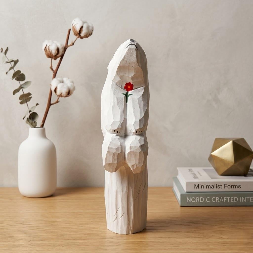Whimsical Wooden Polar Bear Figurine Hand Carved Animal Statue With Red Flower Romantic Anniversary Gift For Nature Lovers
