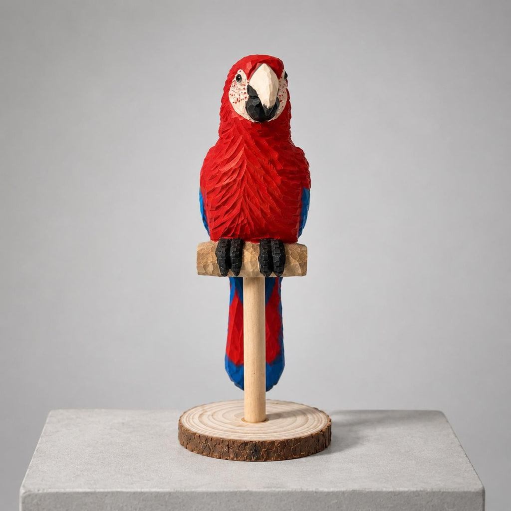 Vibrant Scarlet Macaw Wood Carving Tropical Bird Decor Wooden Parrot Figurine Unique Gift for Bird Lover