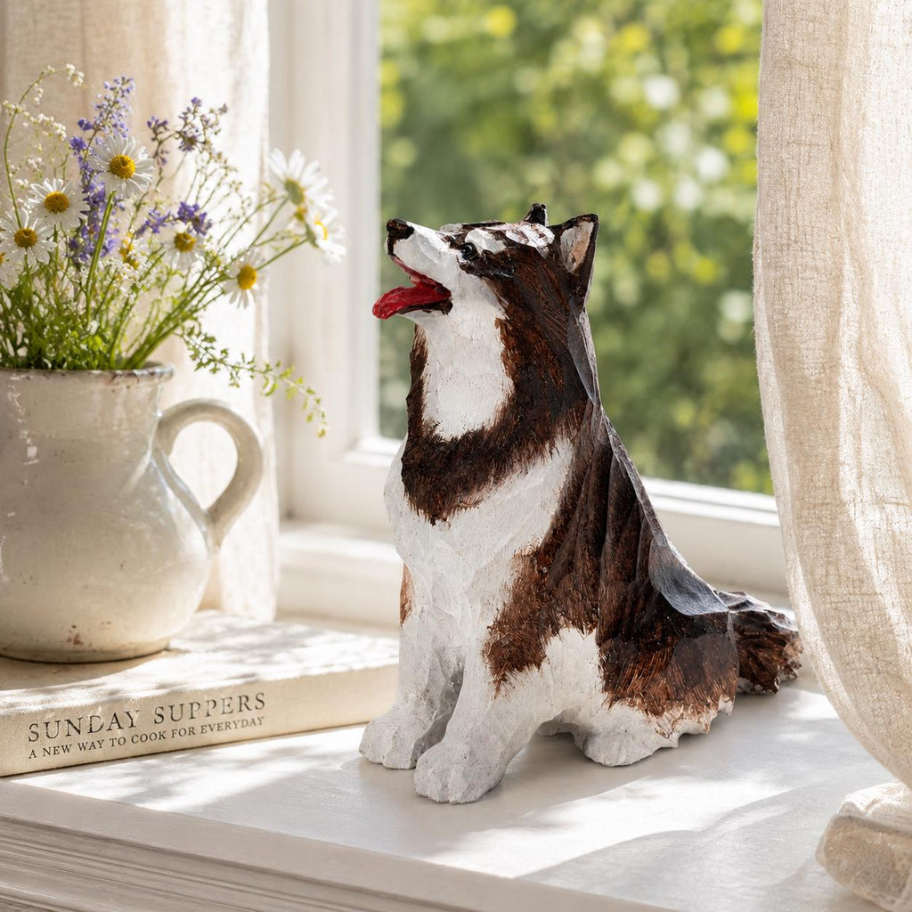 Cheerful Wooden Husky Figurine Hand Carved Dog Statue Rustic Pet Memorial Desk Decor Dog Lover Gift
