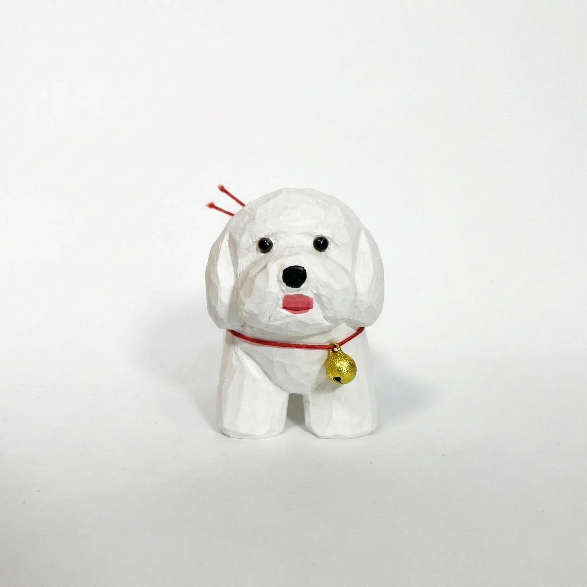 Hand Carved White Bichon Frise Wood Figurine, Cute Poodle Dog Statue with Gold Bell, Rustic Wooden Puppy Decor, Pet Lover Gift