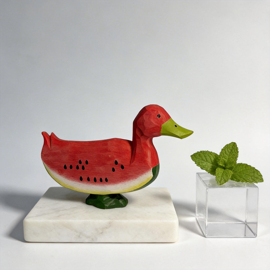 Whimsical Wooden Watermelon Duck Figurine | Hand Carved Wood Bird Sculpture | Summer Tropical Decor | Unique Gift for Animal Lovers
